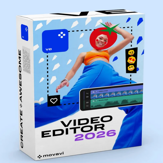 Movavi Video Editor Plus 2026 software box – lifetime activation, digital download